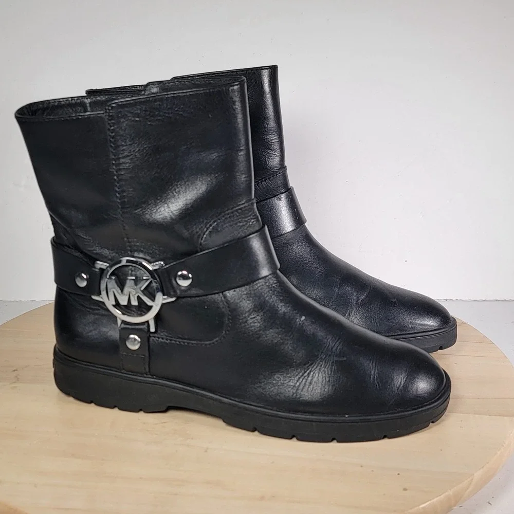 Michael Kors Fulton Black Leather Harness Biker Bootie Size 6.5M